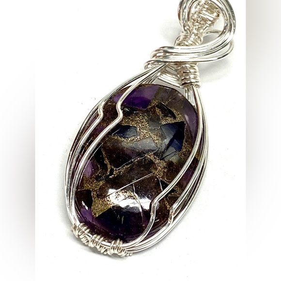 HANDCRAFTED Amethyst Copper Hand Wrapped Modern Statement Pendant, Artisan Gift - Picture 2 of 10